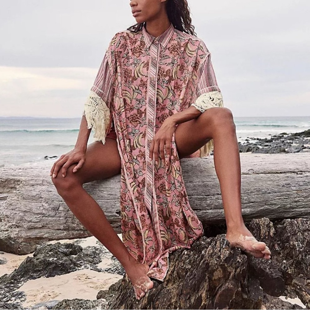 Free People Watching Waves Maxi Shirt in Mauve Combo size Small NWT